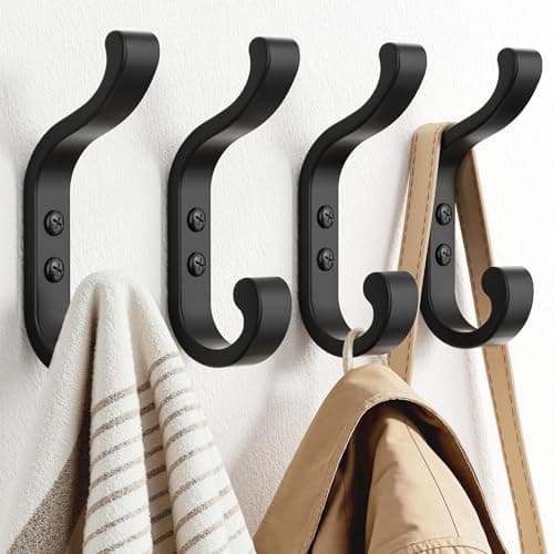 Image of Josmimic 4 Pack Large Coat Hooks Wall Mounted, Heavy Duty Black Metal Double Hooks, Individual Screw-in Wall Hooks for Coats, Hats, Towels and Bags, Strong Coat Hooks up to 13.5 kg
