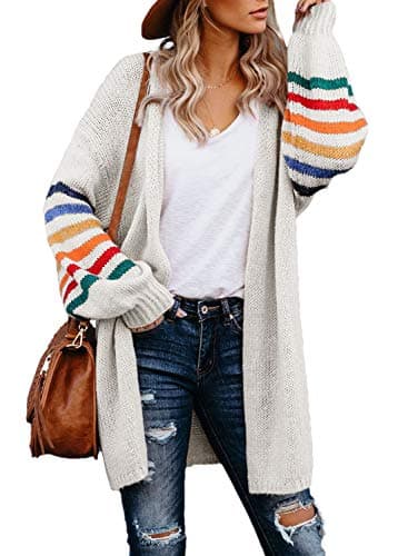 Image of AlvaQ Women's Cardigans Long Sleeve Open Front Rainbow Striped Color Block Loose Casual Womens Oversized Cardigan Ladies Long Lightweight Knit Outwear Coat Jacket Sweaters Beige 2XL UK 20 22