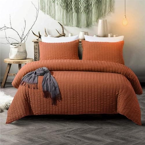 Image of Burnt Orange Seersucker Duvet Cover Terracotta Puckering Fall Bedding Set Soft Microfibre Duvet Cover Set with 2 Pillowcases Double Size 200×200cm