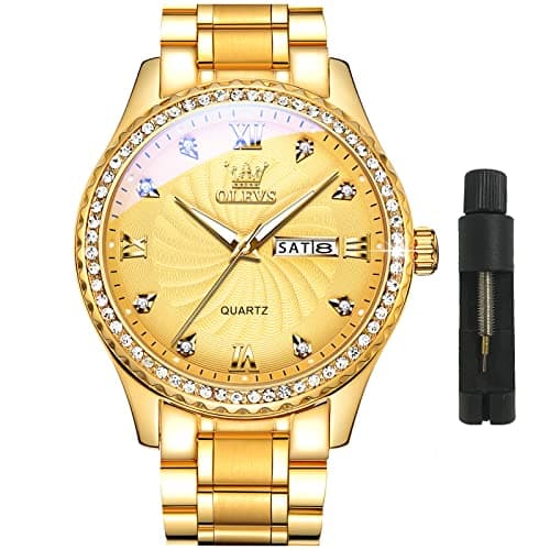 Image of OLEVS Mens Watches,Big Dial Watches for Men,Day Date Watches Men,Mens Waterproof Watches,Mens Stainless Steel Watches,Analog Quartz Men's Watches,Relojes para Hombre, Big Dial Gold Men Watch, ROUND