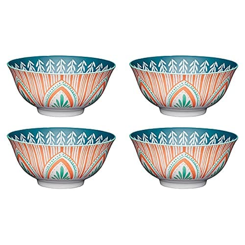 Image of KitchenCraft Set of 4 Glazed Stoneware Bowls with Mediterranean Leaf & Stripe Pattern, Green & Pink Ceramic Bowls with Footed Base, Microwave & Dishwasher Safe, 15.7 cm (6")