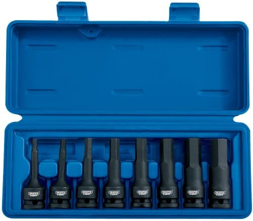 Image of Draper 26439 Expert Impact Hexagonal Socket Bit Set, 1/2" Square Drive, 5mm-19mm, 78mm Long, 8 Pieces , Blue