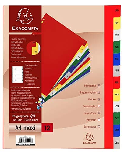 Image of Exacompta - Ref 92E - PP Printed Indices - For Use With A4+ Documents, 0.1mm Polypropylene, Pre-Punched, Soft & Tear Resistant - 12 Divider Parts (Janvier - Decembre) - White With Coloured Tabs