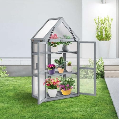 Image of BIRCHTREE Large 3 Tier Outdoor Cold Frame Wooden Greenhouse Growhouse Cupboard Transparent Polycarbonate Board Weather Protection Openable Roof Flower Vegetable Planting Growth Grey
