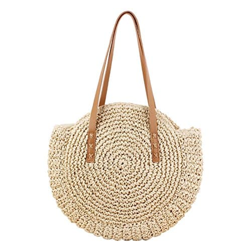 Image of MSYOU Round Straw Bag Weave Shoulder Bag Women Lady Summer Beach Purse Rattan Straw Handbags Bohemia Crossbody Bag 43 x 62 CM(Beige)
