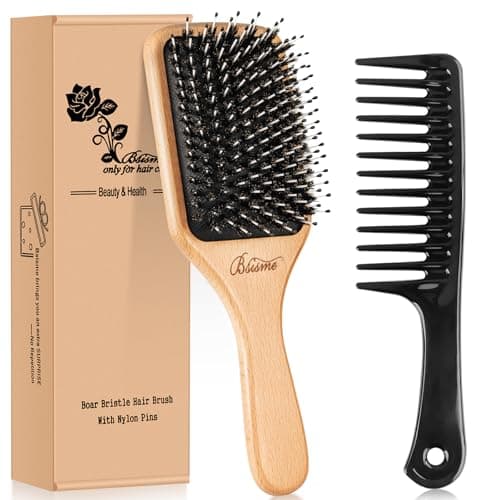Image of Bsisme Boar Bristle Hair Brush Women Mens with Soft Nylon, Detangle Curly Thick Hair Wooden Paddle Hairbrush and Comb, Enhance Shine Reduce Frizz Promotes Healthy Hair Growth, Exquisite Rose Carving