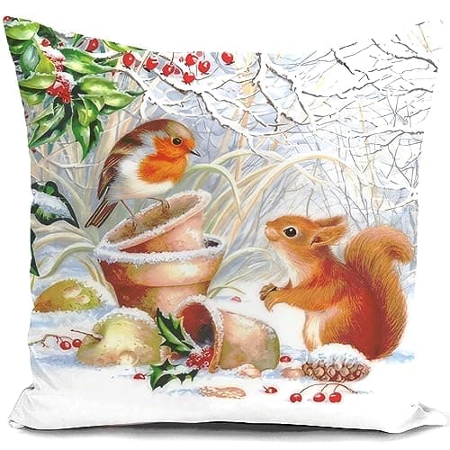 Image of HUASHUZI Christmas Cushion Covers Xmas Decorations Throw Pillow Cover Winter Robin Bird Squirrel Animal Single Christmas Decor For Sofa Living Room Home 18x18 Inch 45x45cm