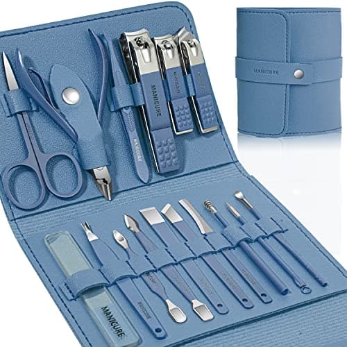 Image of Manicure Set Professional Nail Clippers Pedicure Kit, 16 pcs Stainless Steel Nail Care Tools Grooming Kit with Luxurious Travel Leather Case for Thick Nails Men Women Gift (Blue)