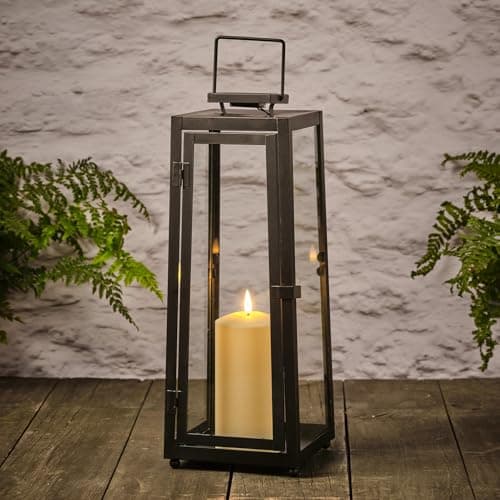 Image of Lights4fun 40cm Large Outdoor Solar Powered Black Metal Decorative Candle Lantern – TruGlow® LED – IP44 Waterproof for Garden, Patios, Front Door Entrance & Porch Steps