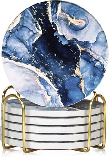 Image of Drink Coasters with Holder 6 Pack, Ceramic Coasters Marble Style, Absorbent Abstract Coasters Set, 4in Cup Mat for Any Cups, Home, Living Room Decor, Tabletop-Protection for Coffee Beverage-Navy Blue