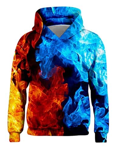 Image of Freshhoodies Boys Girls Pullover Hoodies Fire Funny Unisex Fleece Hooded Sweatshirts with Pockets Blue 10-13 Years (XXL)