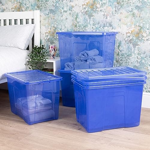 Image of Wham Crystal 5 x 80L Stackable Plastic Storage Boxes with Lids | Ideal for Home, Office, Toys & More | Large Boxes | Made in UK - Spectrum Blue