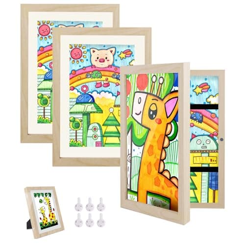 Image of Hipsignal Kids Art Frames, 3 Pack A4 Photo Frame for 150 Pictures, Fillable Front Opening Kids Artwork Display Frame with Mount for Hang or Stand Display Children's Drawings, Art Projects (Wood)