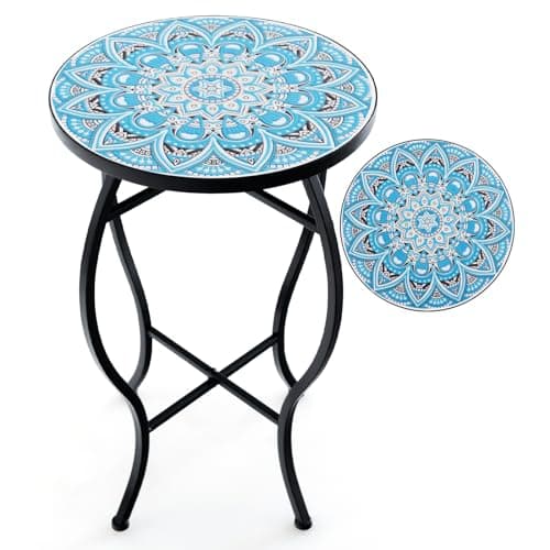 Image of COSTWAY Garden Side Table, Mosaic Round Bistro Coffee Table with Ceramic Tile Tabletop, Indoor Outdoor Small End Accent Table Plant Stand for Patio, Balcony & Porch (Sky Blue, 35 x 55 cm)
