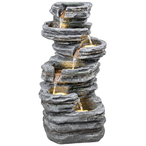 Image of Outsunny Outdoor Fountain with 6-Tier Rock Design, Cascading Waterfall Feature with LED Lights, Resin Freestanding Garden Fountain for Patio Balcony, Grey