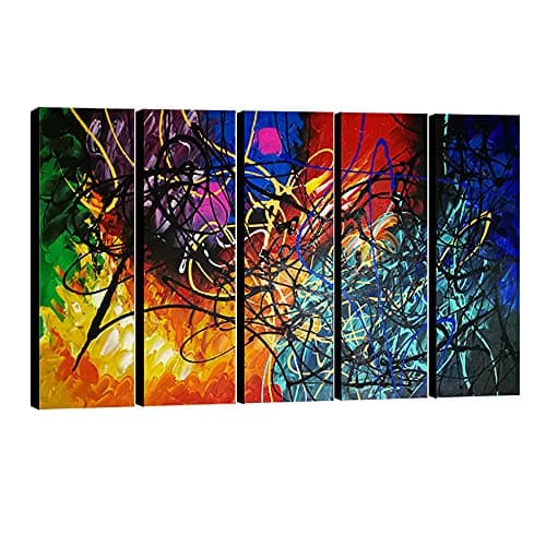 Image of Wieco Art - Modern 5 Piece 100% Hand Painted Stretched and Framed Colorful Abstract Heart Oil Paintings Artwork on Canvas Wall Art Ready to Hang for Living Room Bedroom Home Office Decorations