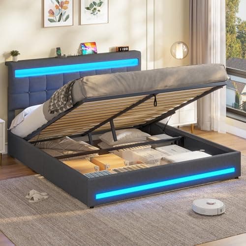Image of AOGLLATI 5ft King Ottoman Bed Frame 150×200 cm with Charging Station and LED Lights, Upholstered Platform Bed frame with Under-bed Storage and Storage Headboard, No Box Spring Needed, Dark Gray Linen