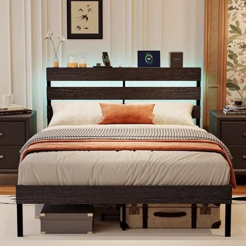 Image of Bonnlo 5ft King Size Bed Frame with Storage Headboard & LED Lights, 150x200cm, Metal Bed Frame with Charging Station (USB/Type-C/2 Outlets), UnderBed Storage/Enhanced Support Noise Free, Black