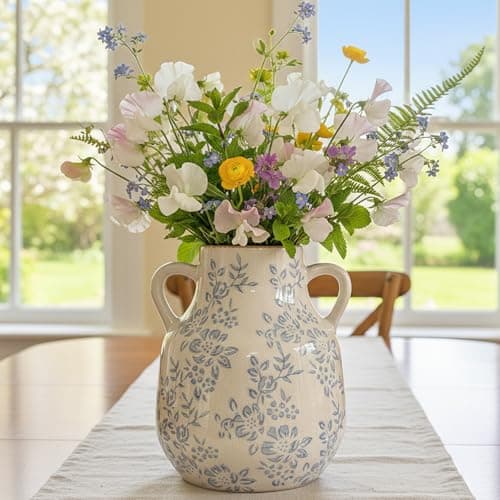 Image of Ceramic Vase Vintage Flower Vase, Blue and White Chinoiserie Floral Decorative Vase, Rustic Retro Large Farmhouse Crackle Finish Vases with Handle for Flowers Home Decor Living Room, SoftBlue-02, 8.1”