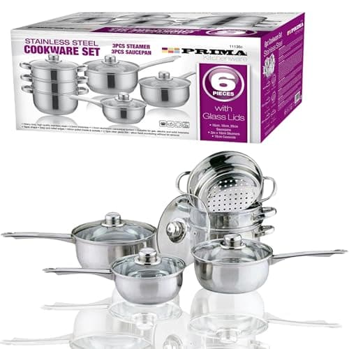 Image of 6-Piece Stainless Steel Cookware Set with Ventilated Glass Lids – Includes 3 Steamers & 3 Saucepans – Mirror Polished Finish, Heat-Resistant Handles, Heavy-Duty Durable & Long-Lasting Kitchen Set
