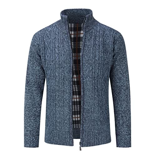 Image of Mens Knitted Cardigan Thick Sweater Full Zip Wool Stand Collar Cardigans Coat Fleece Lined Long Sleeve Cardigan, Blue, L