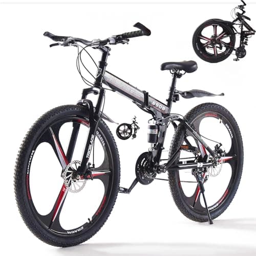 Image of LSBIKE 24 26 27.5In Foldable Mountain Bike Dual Suspension Hardtail Bicycle Men Women Mountain Bike 21 Speed Drivetrain Lightweight Frame Sport Cycling Bike for Adult (Black Red, 26inch)