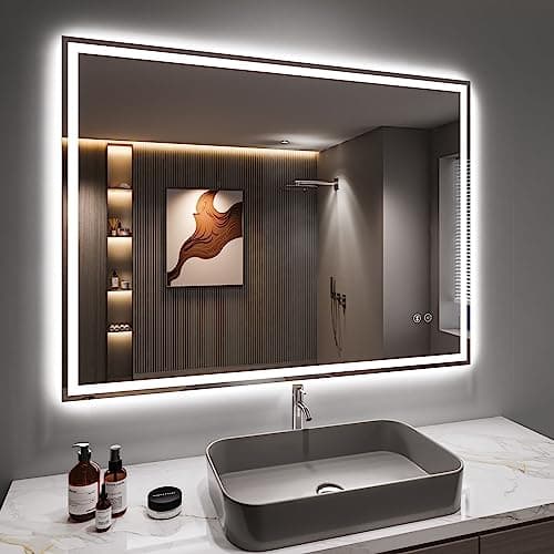 Image of Dripex Bluetooth LED Bathroom Mirror with Shaver Socket, 600 * 800 MM Dimmable 3 Colors Illuminated Backlit Wall Mounted Bathroom Mirrors Anti-fog Vanity Mirror, Horizontal/Vertical