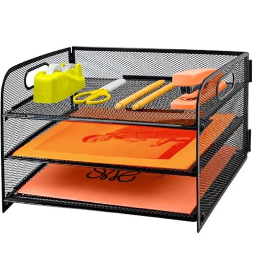 Image of PLSOPPKG 3 Tier Paper Letter Tray with Handle, Metal Mesh Desk File Organizer with Trays, A4 Paper Desktop Filing Trays, Magazine Document Holder for Home Office School