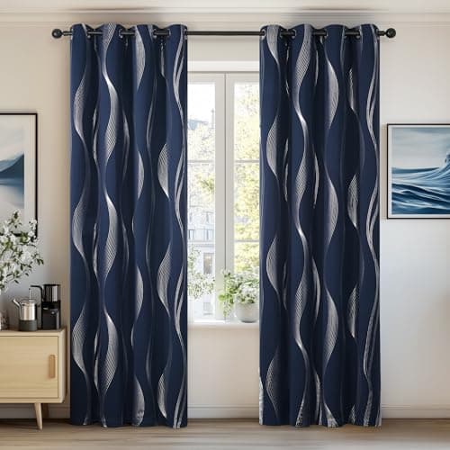 Image of Deconovo Blue Blackout Curtains Wave Line Foil Printed Blackout Curtains Energy Saving Thermal Insulated Eyelet Room Darkening Curtains 46 x 90 Inch Navy Blue 2 Panels