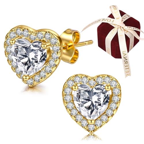 Image of AVYRING Gold Heart Earrings - Cubic Zirconia Studs, Hypoallergenic & Dainty - Wedding Gift with Box for Brides & Bridesmaids
