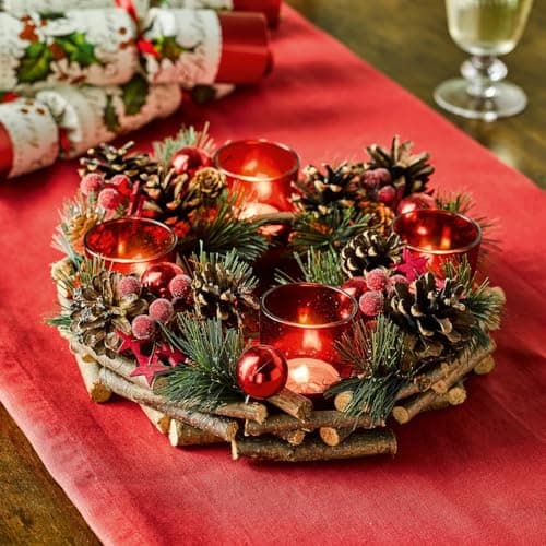 Image of Festive Candleholder Centrepiece with 4 LED Candles - White Round Frosted Christmas Xmas Tealight Holder Table Decoration with Twig Base, Pinecones, Faux Spruce, Stars & Baubles - H9 x 30cm (Red)