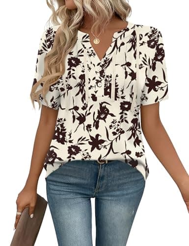Image of IECCP Ladies Tops Plus Size Clothing for Women Summer Short Sleeve T-Shirts Dressy Tunic Buttons Floral Printed Blouses Clothes Apricot Floral 3XL (UK 22-24)