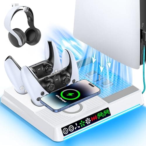 Image of PS5/Pro/Slim Cooling Stand with Wireless Phone Charger & RGB Light, PS5 Stand with Dual Controller Charging Station and 3-Speed Fan Cooler for Playstation 5 Accessory
