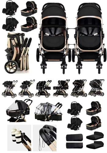 Image of Rexhan Twin 4 in 1 Reversible Travel System, Foldable Double Baby Buggy, Twin Toddler Pram, Pushchair, Lightweight, Tandem All in One Stroller, Portable Baby Carriage, 0-4 Year, Aluminium Frame