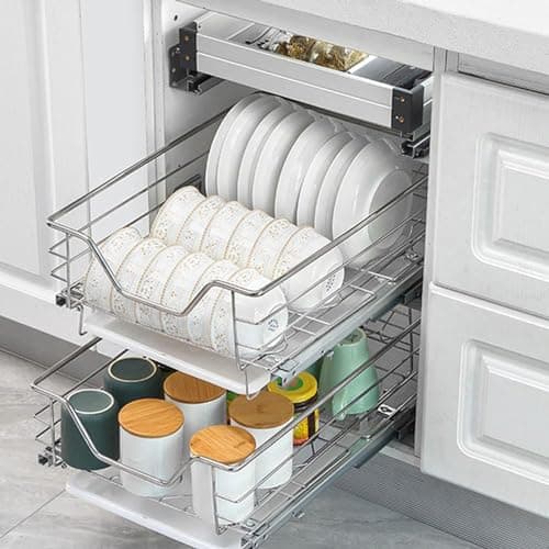 Image of Heavy Duty 2 Tier Pull Out Cabinet Organizer With Drain Pan - Pantry Storage Solution