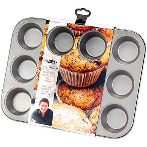 Image of Stellar James Martin Non-Stick Cupcake/Muffin Tin with 12 Cups, High Grade Steel, Dishwasher Safe, 35cm x 27cm x 3cm