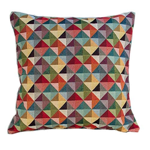 Image of Geometric Tapestry Double Sided Cushion Cover. Multicoloured Red Blue Green Yellow Triangular Harlequin Patten. 17"x17" Square Pillow Case. Kilim Style Fabric