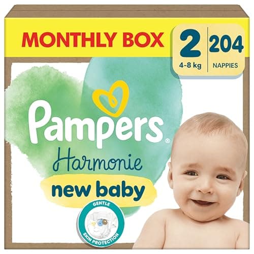 Image of Pampers Harmonie Nappies Size 2, 204 Nappies, 4kg-8kg, Gentle Skin Protection Cushiony Soft