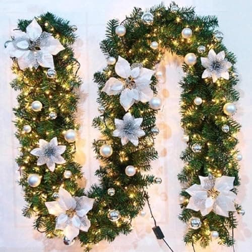 Image of SHAVINGFUN Christmas garland,christmas garland with lights,2.7M/ 9FT Christmas Garland Decorations Illuminated with LED Lights,for Stairs Fireplaces Christmas Festive Wreath Xmas Decor (Silver White)