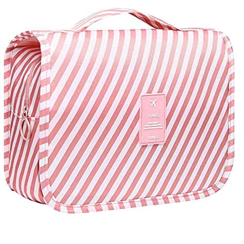 Image of Travel Toiletry Bag, Hanging Toiletries Wash Bag Makeup Cosmetic Organizer Bags for Women Girls Kids Waterproof Foldable (Pink Stripes)