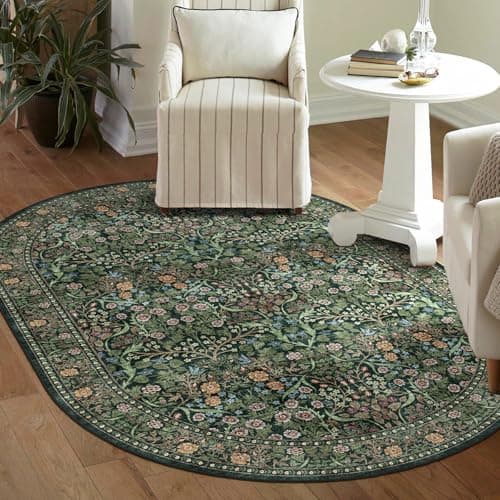 Image of Othilic Floral 4x6 Living Room Oval Rug - Dark Emerald Green Soft Washable Boho Rugs for Bedroom Stain Resistant Non Slip Vintage Modern Farmhouse Rugs for Living Room Entryway Kitchen Mudroom