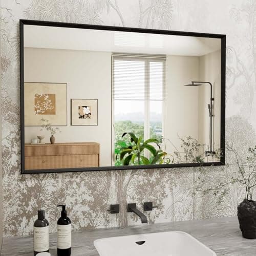 Image of WEER Black Bathroom Mirror, 60x90cm Polymer Frame Rectangular Wall Mirror with Vintage Texture & Tempered Glass, Waterproof Horizontal or Vertical Home Decor for Bathroom, Bedroom, Living Room