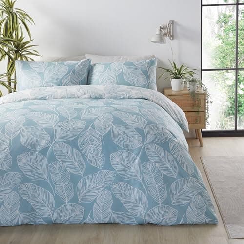 Image of Fusion - Duck Egg Blue Leaf Duvet Cover - Super King Bedding Size (260 x 220cm) - Reversible Design (Duck Egg & White Colours) - Duck Egg Leaf Duvet Cover/Leaves Print Bed - Matteo Collection