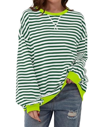 Image of TERIVEEK Women Oversized Striped Color Block Long Sleeve Crew Neck Sweatshirt Casual Loose Pullover Y2K Shirt Top, Green White, Medium