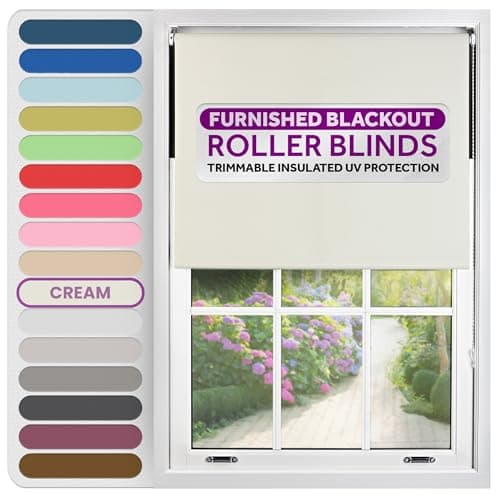 Image of FURNISHED Roller Blinds Thermal Blackout Roller Blind - Trimmable Insulated UV Protection Child Safe Easy Fit Home Office Window Blinds, Cream, 115 cm Wide x 165 cm Long