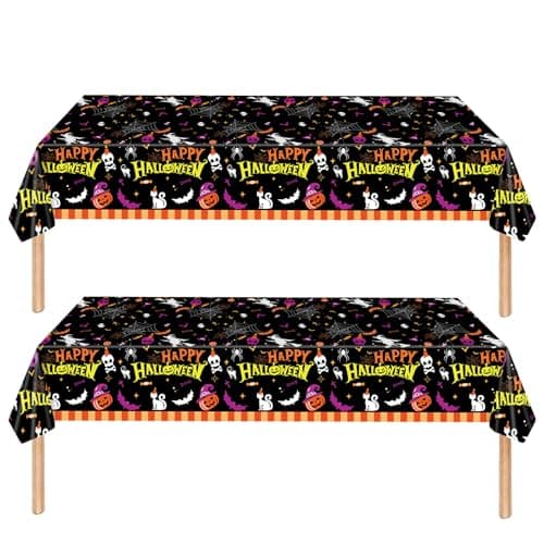 Image of 2Pcs 137*274cm Halloween Skull Bats Spider Web Pumpkin Pattern Black Tablecloth Decorations for Halloween,Disposable Party Table Cloth Party Table Covers Dining Tablecover forHalloween Picnic Party