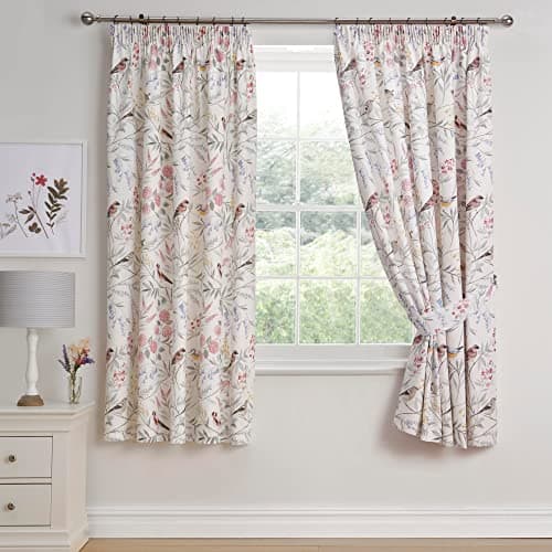 Image of Dreams & Drapes Pink Floral Bird Curtains – W168 x L183cm – 2 Panels – Pencil Pleat – Botanical Garden Print Drapes – Bedroom Window Curtains