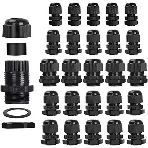 Image of 25 Pack Cable Glands, Bolatus IP68 Waterproof PG7 PG9 PG11 PG13.5 PG16 Adjustable 3-15mm Cable Connectors Locknut Stuffing Glands Nylon Plastic Cable Gland Joints with Washer Black
