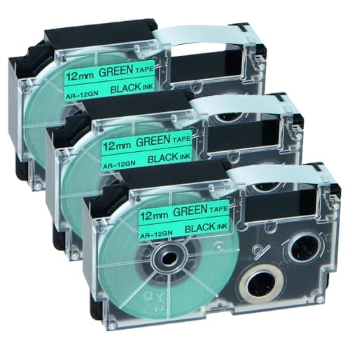 Image of NineLeaf Compatible for Casio Label Maker XR-12GN XR-12GN1 12mm x 8m Black On Green Label Tapes for Casio KL-60 100 120 200 300 750 780 820 2000 7000 7200 7400 8100 8200 P1000 Label Printers, 3PK