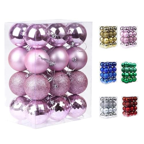 Image of BSTMOME 6CM Christmas Ball Ornaments, Hanging Xmas Baubles Decoration Set, Delicate Xmas Theme Painting & Glittering Pendants Decorative for Xmas Tree Party Decoration, Matte, Shiny 24 Packs (Pink)